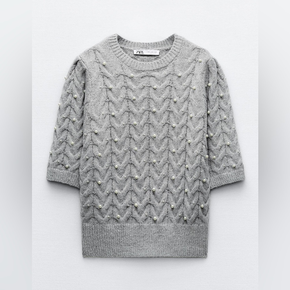 Zara Pearl-Embellished light gray short sleeves cable knit sweater minimalist XL